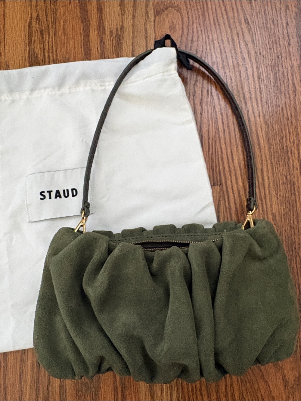 STAUD Olive Green Suede Ruched bag - Picture 3 of 4